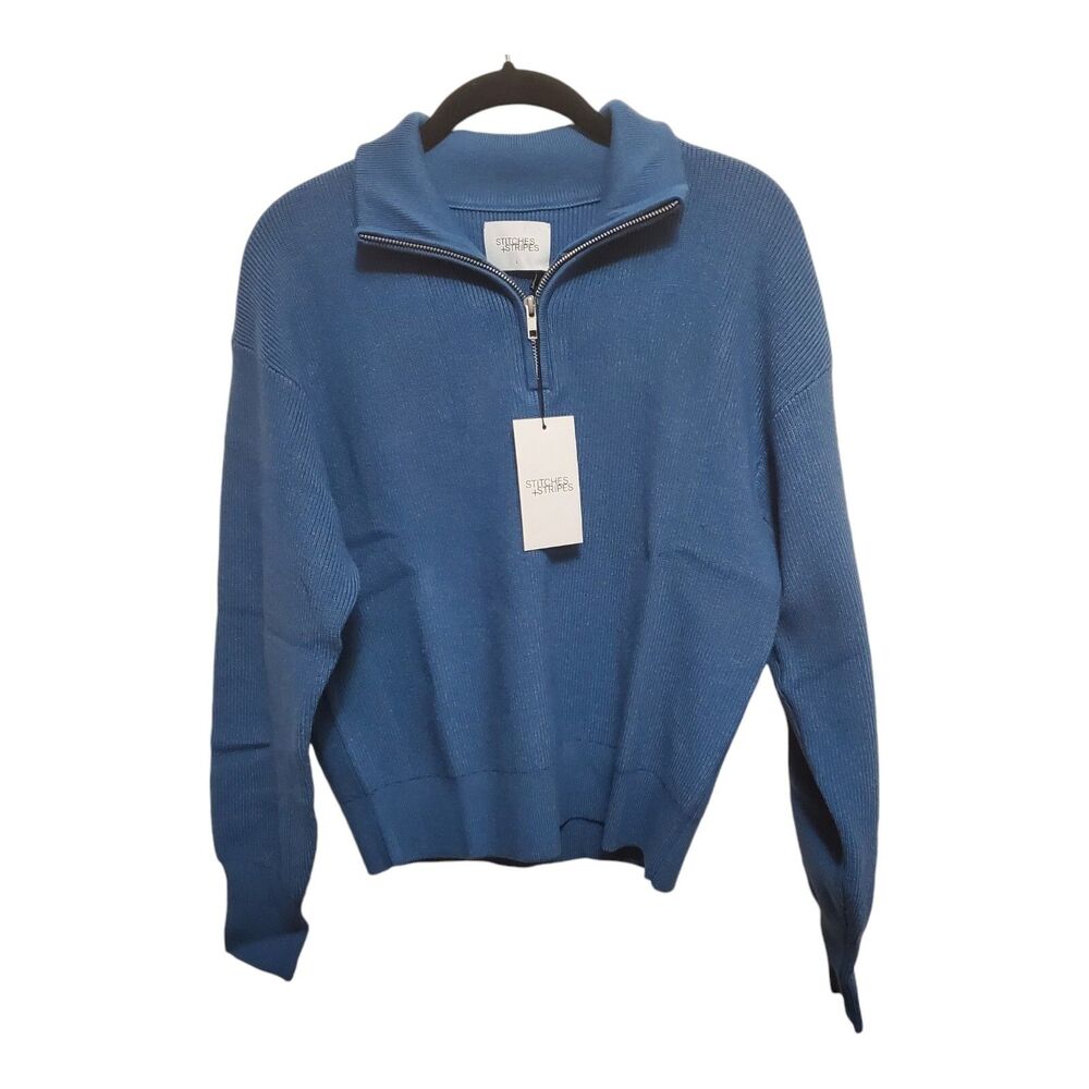 Stitches + Stripes Sweater Womens Size Large Blue Pullover 1/4 Zip Preppy NEW